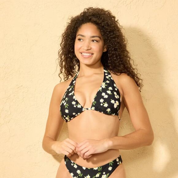 Shade & Shore NWT Women's Reversible Print Halter Bikini Top Daisy Polka Dot XL - Picture 1 of 11
